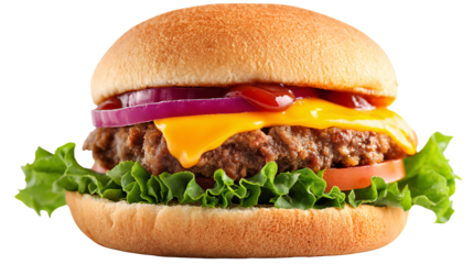 Close up of a burger with cheese onion and lettuce on black