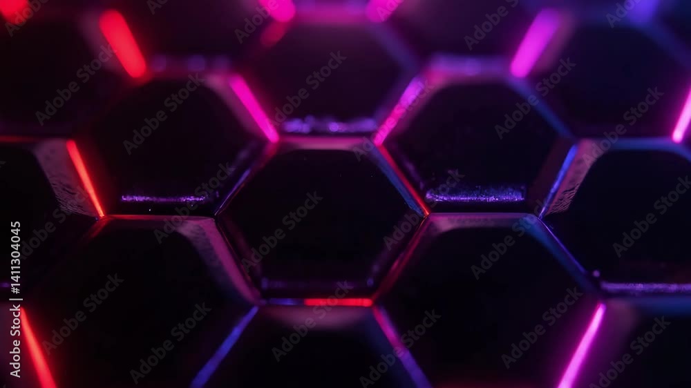 Poster abstract neon honeycomb pattern with dark background and vibrant colors illuminating geometric shape
