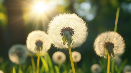 Fluffy dandelion seed heads bathed in sunlight