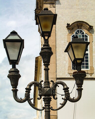 Old colonial-style lanterns are part of the public lighting in the historic center of the city of Salvador, Bahia, northeastern Brazil