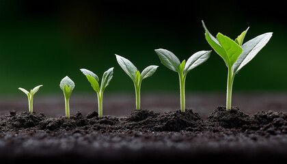 Stages of Plant Growth: Five Seedlings Growing in Dark Soil