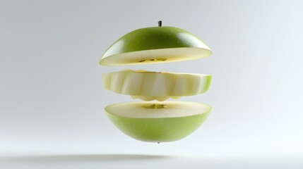 A green apple levitates, sliced into three parts.