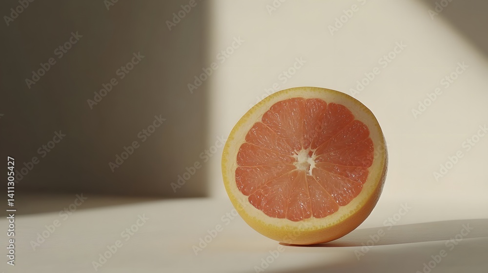 Poster a halved grapefruit sits on a white surface, bathed in soft, natural light. the juicy segments are v