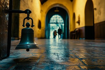 Obraz premium A church bell rings to start the Easter service. Families walk inside with quiet steps. The mood is peaceful and ready