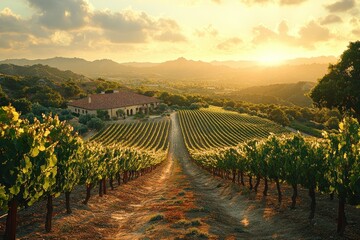 Naklejka premium Vineyard landscape at golden sunset