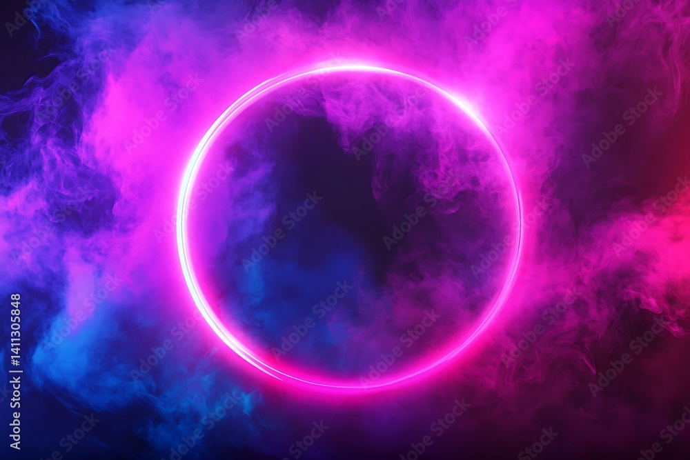 Poster abstract background with neon circle and smoke. space for your text.