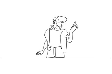 Continuous one line drawing of Young woman use VR glasses. Single line drawing illustration of Woman with VR headset. Technology concept vector art. Doodle line illustration.