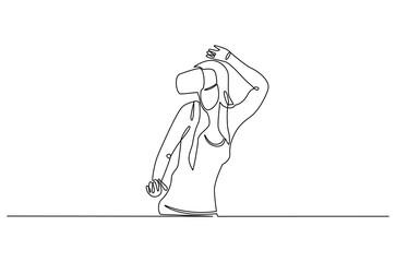 Continuous one line drawing of Young woman use VR glasses. Single line drawing illustration of Woman with VR headset. Technology concept vector art. Doodle line illustration.
