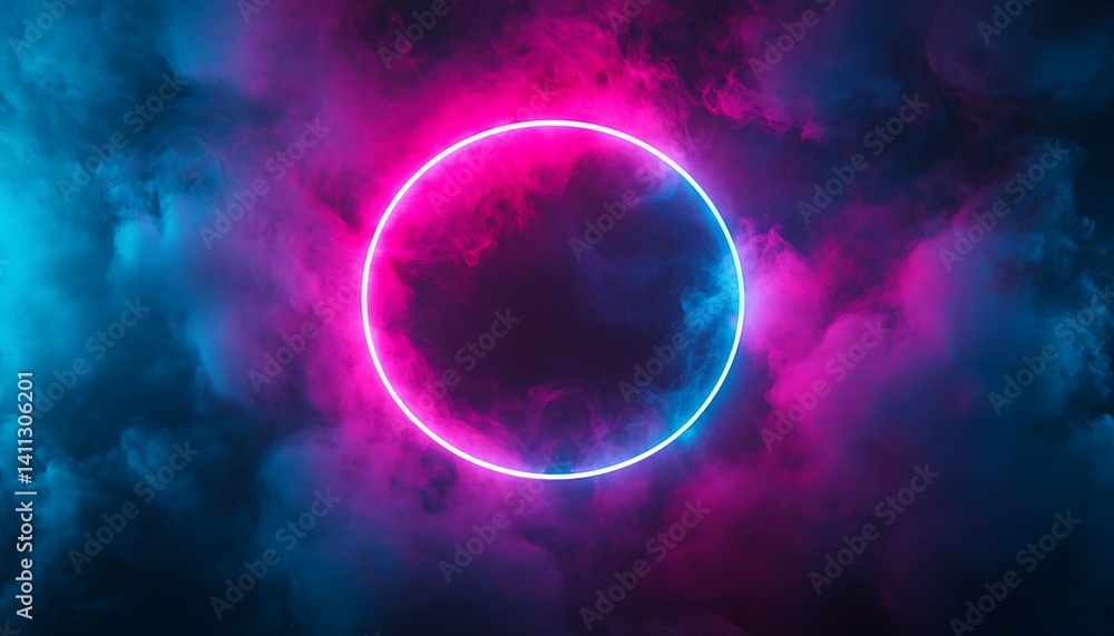 Poster abstract background with neon circle and smoke. space for your text.