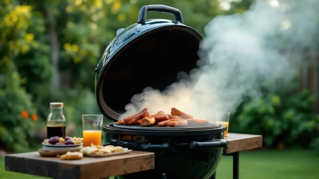 Open grill with smoking meat and orange juice on wooden table in outdoor backyard. Concept of summer barbecue and social gathering