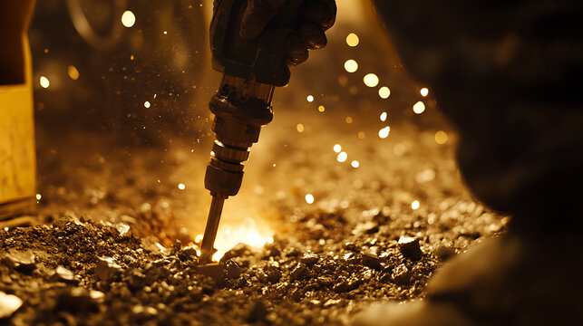Miner using a drill to create holes for explosives in a mining operation. Featuring drilling and blasting