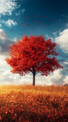 Vibrant autumn tree with red leaves in a golden field under a blue sky with clouds
