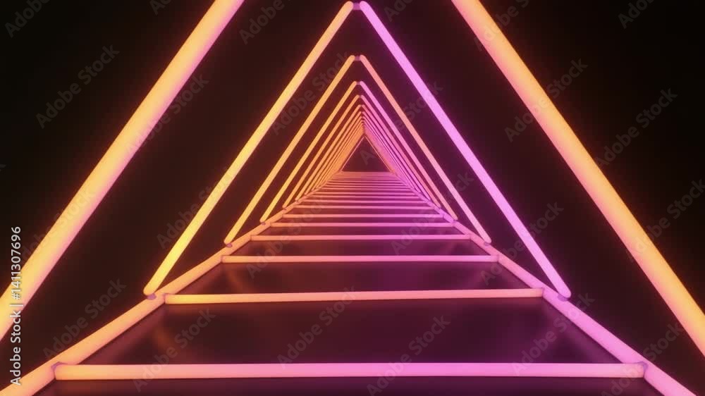 Poster neon triangular tunnel with vibrant illuminated lines creating an impressive light pathway and moder