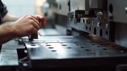Machine operator adjusting settings on a stamping machine. Featuring precision and technical expertise