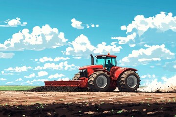 Farm tractor working a field under a bright blue sky
