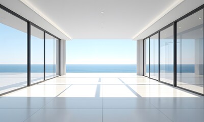 Fototapeta premium A room with large glass windows and blue skies.
