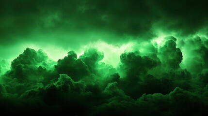 Glowing green clouds fill a dark sky, creating a dramatic, atmospheric scene