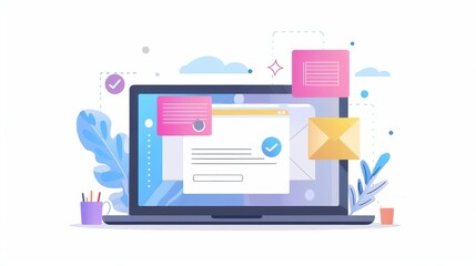 Remote work communication concept with a laptop and notes
