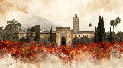 Ancient structure with tower rises above foliage of red flowers