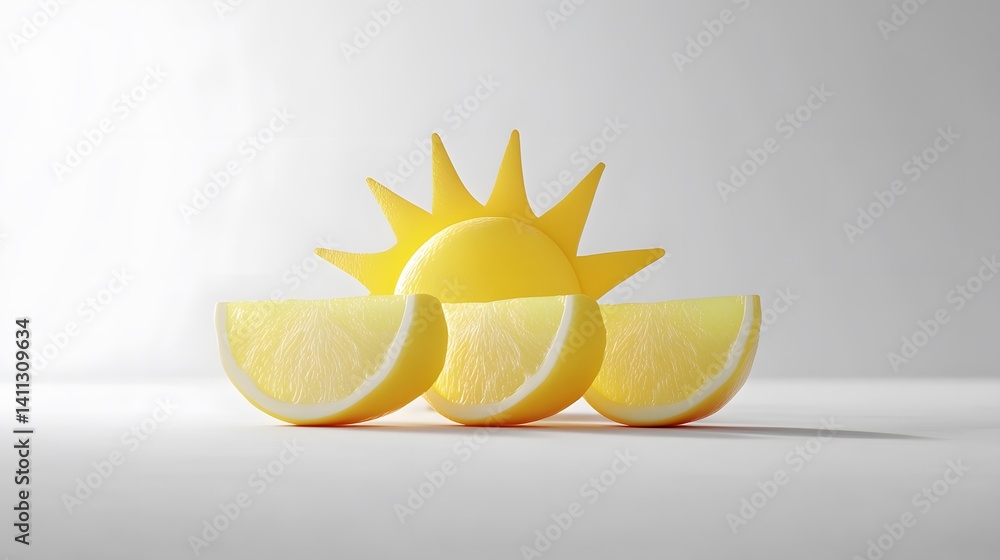 Aufkleber three lemon slices arranged in front of a stylized sun, creating a vibrant and refreshing summer sce