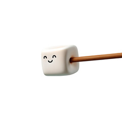 A marshmallow with a cute face on a stick against a white background studio shot