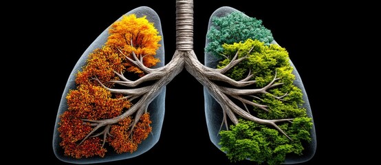 lungs nature health concept. Lungs illustrated with trees, symbolizing life and nature's connection to health.