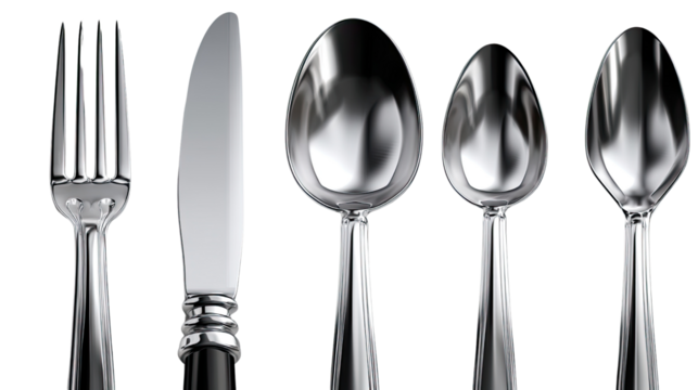 Silverware Showcase: A pristine arrangement of gleaming silverware against a clean backdrop, displaying the elegance and functionality of dining utensils.