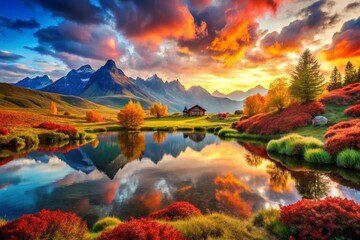 Mountain Lake Reflection at Colorful Sunset