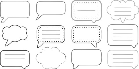 Obraz premium Line frame text speech bubble set. Line balloon frame design talk speech bubble frame. Comic Japan style design conversation text dialog balloon, simple doodle thinking cloud. Vector illustration