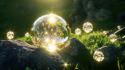 Golden orbs on a grassy field