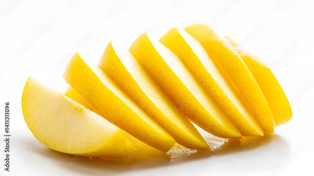 Aufkleber close-up of several slices of a vibrant yellow apple, arranged in an overlapping pattern against a b