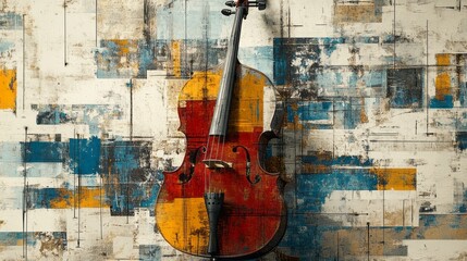 Detailed painting of a cello against an abstract background