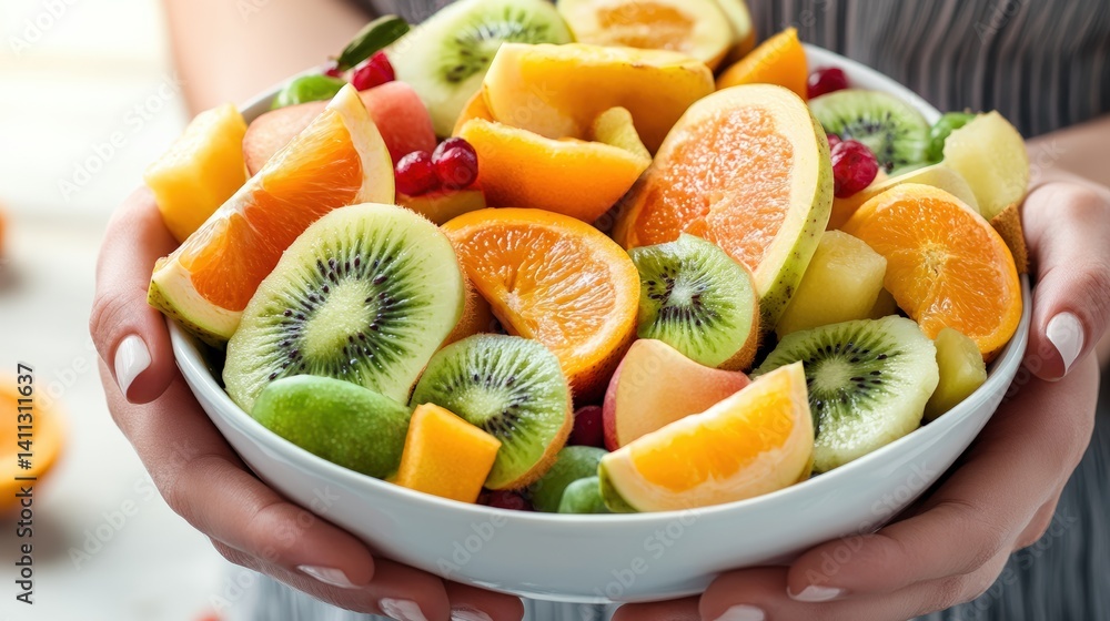 Poster close-up of two hands delicately holding a vibrant bowl filled with an array of sliced fruits includ