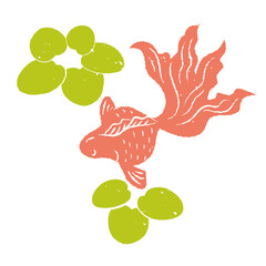 シンプルな金魚と水草のシルエット　版画スタイル　和風