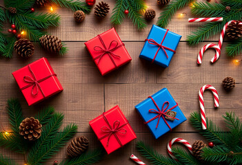 Christmas gift boxes and candy canes on wooden background with pine branches

