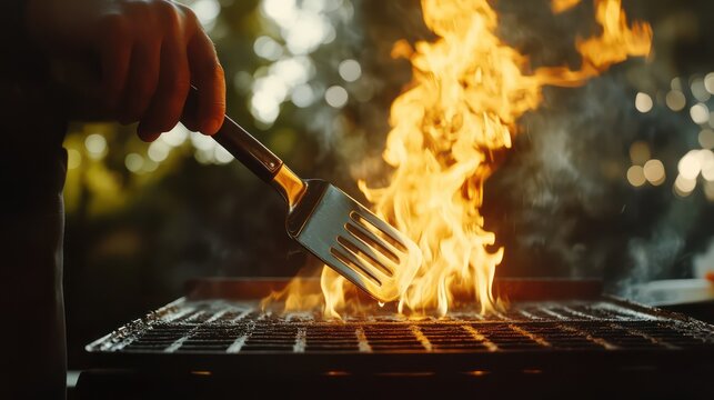 A chef grips a modern spatula above a sizzling grill, flames and smoke rising, capturing the intense energy of live-fire cooking.


