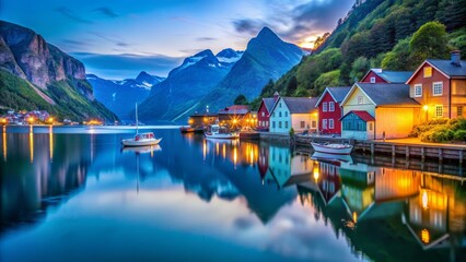 Fototapeta premium Picturesque Village on Fjord at Dusk