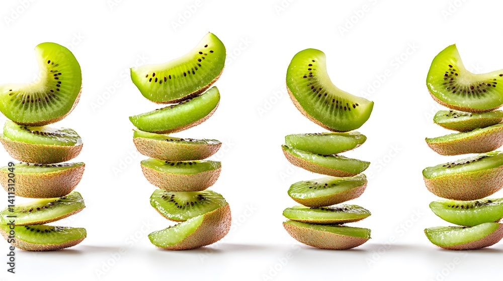 Poster four stacks of levitating kiwi slices against a white background. each stack features several perfec