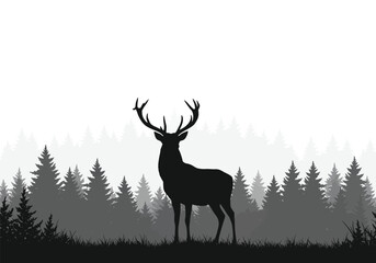 Deer forest silhouette. Majestic deer standing among trees in a peaceful woodland setting, also stag in the wild, nature and tranquility. Vector clipart black illustration design.