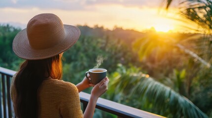 Woman enjoying a steaming cup of coffee at sunrise on a balcony overlooking lush greenery