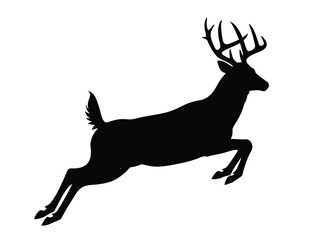 Fototapeta premium Deer jumping silhouette. A majestic deer leaps gracefully through the air, also known as bounding stag, symbolizing agility, freedom, and wildlife. Vector clipart black illustration design.