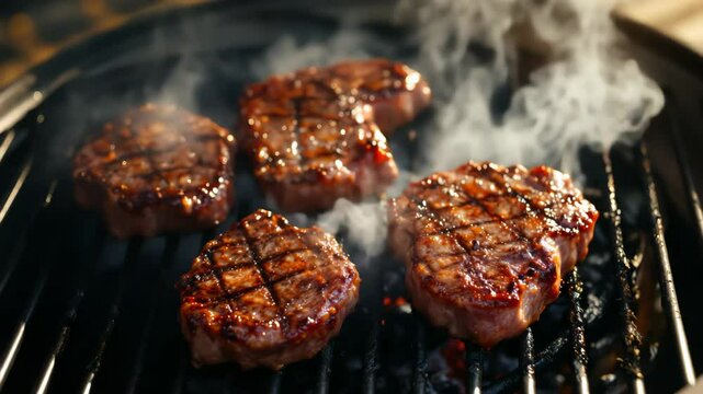 Three grilled steaks with char marks sizzling on smoky barbecue grill with dark moody background. Concept of gourmet meat and grilling perfection