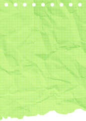 Crumpled green torn ripped notepaper sheet with grid pattern texture isolated on transparent background. Crumpled grid paper texture with torn edges