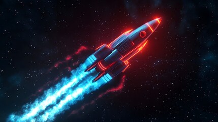 Fototapeta premium Vibrant Neon Rocket with Blue and Red in Futuristic Illustration