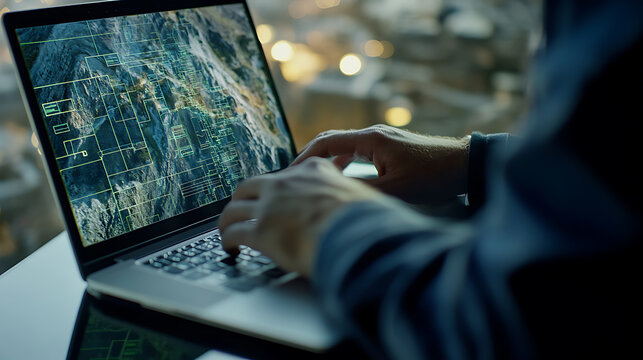 Mining engineer analyzing geological data and extraction plans on a laptop at a mining site. Featuring analysis and strategy