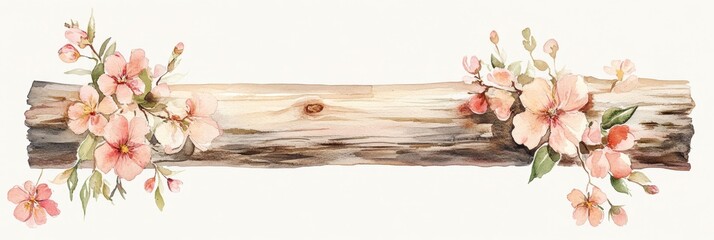 Watercolor Floral Decor on Rustic Wooden Log