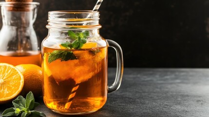 A refreshing mason jar filled with iced tea garnished with orange slices and mint, positioned beside a carafe and fresh oranges on a dark surface