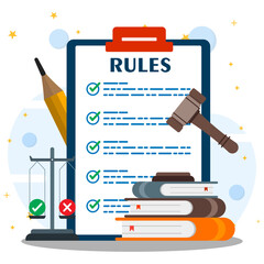 Approved rules and standard document verification. Regulation policy, legal regulatory guide and advices. Policy document with book, pencil, legal scales and gavel. 