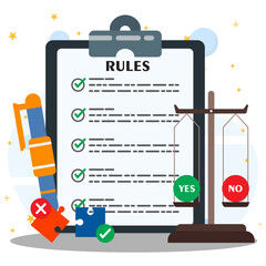 Approved rules and standard document verification. Regulation policy, legal regulatory guide and advices. Policy document with pen, legal scales and puzzle. 