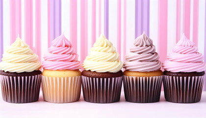 Delicious cupcakes with pastel frosting arranged against a vibrant striped background, perfect for birthday celebrations, parties, or sweet treats imagery.